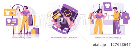 Vector illustration of three scenes depicting digital retail interactions. Features virtual fitting room, mobile payment checkout, and interactive product display with engaged users. Vector illustration of three scenes depicting digital retail interactions. Features virtual fitting room, mobile payment checkout, and interactive product display with engaged users. 127688647