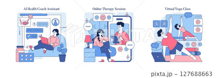 Set of vector illustrations depicting modern digital health solutions. Includes AI health coach assistant, online therapy session, and virtual yoga class. Illustrations show engaging and interactive Set of vector illustrations depicting modern digital health solutions. Includes AI health coach assistant, online therapy session, and virtual yoga class. Illustrations show engaging and interactive 127688663