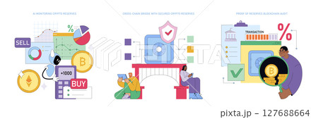 Vector illustration of AI-driven cryptocurrency monitoring featuring charts, transactions, and security elements to ensure transparency and secure digital asset management. 127688664