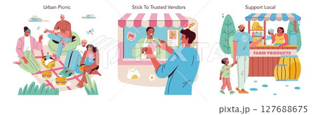 Vector illustration depicting a diverse group enjoying an urban picnic, interacting with trusted vendors, and supporting local farmers. Highlights community connection and happiness. Vector illustration depicting a diverse group enjoying an urban picnic, interacting with trusted vendors, and supporting local farmers. Highlights community connection and happiness. 127688675