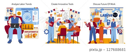 Labor Day set. Professionals in diverse industries engage in activities: analyzing trends, creating tools, and discussing future work environments. Vector illustration. 127688681