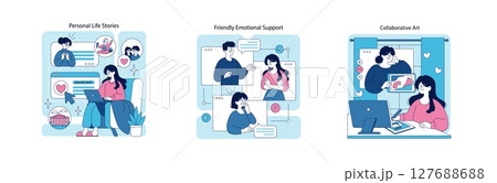 Vector illustration depicting digital communication scenarios. People engaging in online interactions, sharing personal stories, providing emotional support, and collaborating on art projects. 127688688