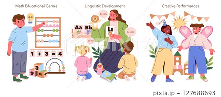 Illustration showcasing math games, linguistic development, and creative performances in an educational setting. Children learning through interactive activities and engaging play. 127688693