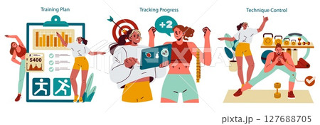 Personal trainer set. Fitness planning and structured workouts for effective progress. Monitoring exercise routines, tracking achievements and technique guidance during gym or home sessions. Vector Personal trainer set. Fitness planning and structured workouts for effective progress. Monitoring exercise routines, tracking achievements and technique guidance during gym or home sessions. Vector 127688705