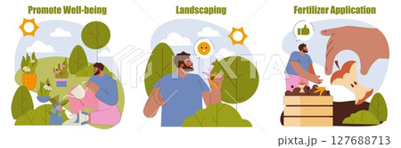 Horticulture set. People cultivating plants outdoors, watering flowers, composting organic waste, and enjoying the benefits of landscaping on health and environment. Vector illustration. 127688713