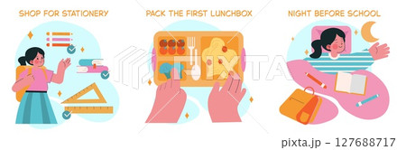 Essential tips for back-to-school preparations: stationery shopping, lunch packing, and nighttime routines. Essential tips for back-to-school preparations: stationery shopping, lunch packing, and nighttime routines. 127688717