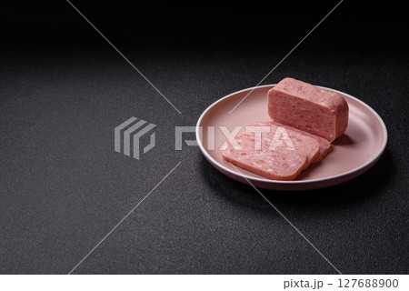 Canned ham, meat, pork, with spices and salt Canned ham, meat, pork, with spices and salt 127688900