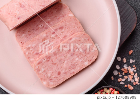 Canned ham, meat, pork, with spices and salt 127688909