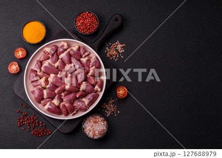 Chicken raw heart, red duck or turkey internal organs as an ingredient Chicken raw heart, red duck or turkey internal organs as an ingredient 127688979