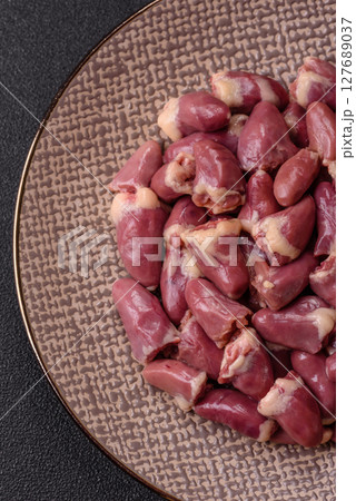 Chicken raw heart, red duck or turkey internal organs as an ingredient 127689037