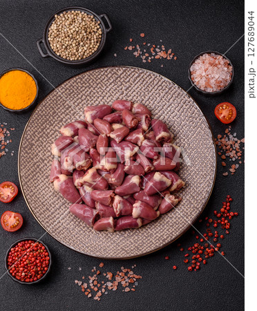 Chicken raw heart, red duck or turkey internal organs as an ingredient Chicken raw heart, red duck or turkey internal organs as an ingredient 127689044