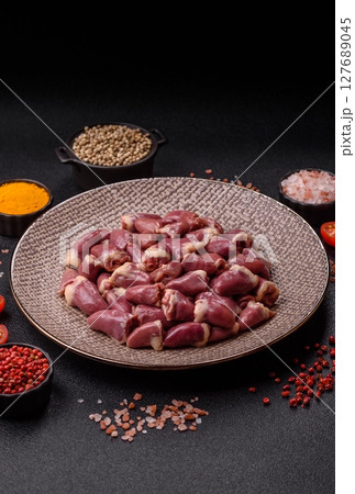 Chicken raw heart, red duck or turkey internal organs as an ingredient 127689045