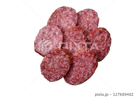 Sliced salami sausage, smoked meat, delicious deli snacks 127689482