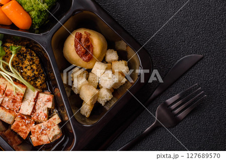 Food bowl with tofu, quinoa, broccoli and carrots, microgreens Food bowl with tofu, quinoa, broccoli and carrots, microgreens 127689570