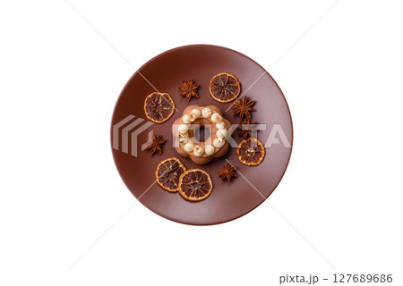 Round chocolate tart or pie with cream berry filling Round chocolate tart or pie with cream berry filling 127689686