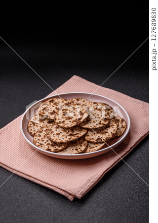 Matzah wheat bread for the Jewish holiday of passover. Kosher matzo bread 127689830