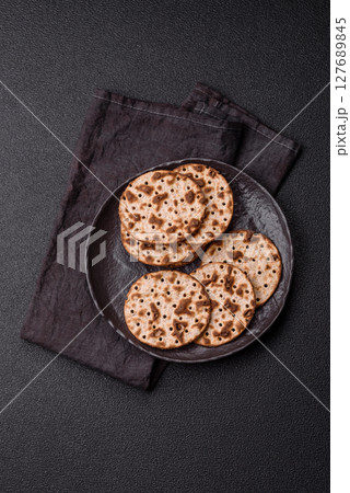Matzah wheat bread for the Jewish holiday of passover. Kosher matzo bread 127689845
