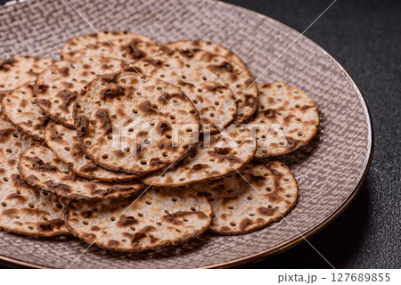 Matzah wheat bread for the Jewish holiday of passover. Kosher matzo bread 127689855