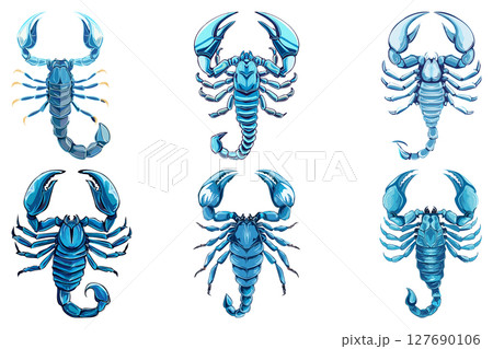 Aggressive Dangerous blue Scorpion, Predatory animal in a danger pose, scorpion with its tail raised, showcasing its stinger, set 127690106