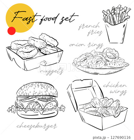 Hand drawn sketches set with fast food products on white background. For menu, cafe, restaurant, web, 127690116
