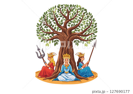 Three goddesses - nornir (Norns) -  known as Urd (Urdr), Verdandi, and Skuld, who weave the threads of fate and tend to the world tree, Yggdrasill, ensuring it stays alive at the center of the cosmos 127690177