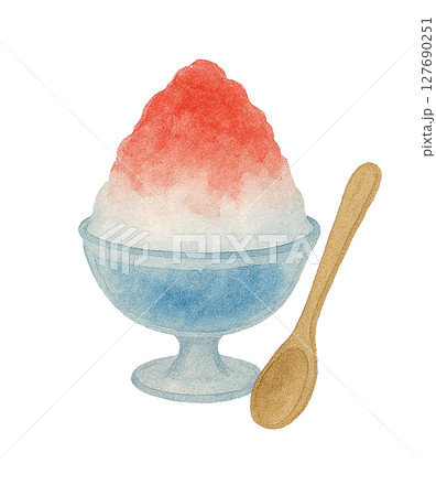 いちごシロップのかき氷とスプーン（水彩イラスト） 127690251