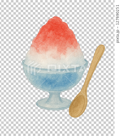 いちごシロップのかき氷とスプーン（水彩イラスト） 127690251