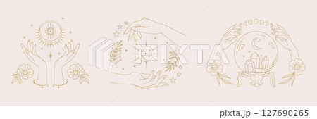 Mystical boho set with female hands, crystals, moons, and cosmic symbols in elegant beige and gold line art. Ideal for posters, tattoos, stickers, astrology content, and spiritual branding designs. 127690265