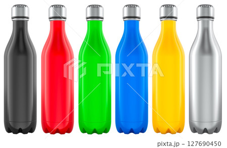 Colorful stainless steel insulated bottles, set of steel thermo bottles for sports or travel. 3D rendering 127690450