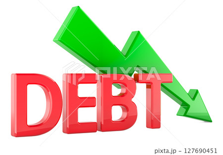 Debt reduction concept with green downward arrow, 3D rendering 127690451