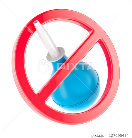 Prohibition sign with blue enema bulb syringe. 3D rendering Prohibition sign with blue enema bulb syringe. 3D rendering 127690454