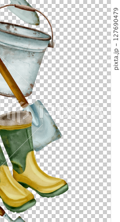 Gardening Tools and Rubber Boots in a detailed illustration format Gardening Tools and Rubber Boots in a detailed illustration format 127690479