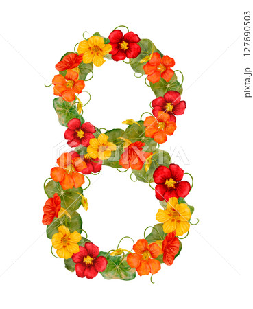 Floral Number 8 Arrangement Featuring an Array of Vibrant and Colorful Flowers and Petals 127690503