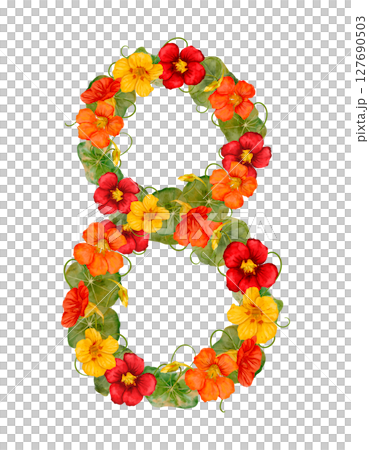 Floral Number 8 Arrangement Featuring an Array of Vibrant and Colorful Flowers and Petals 127690503