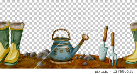 Gardening Tools and Equipment for Cultivating, watercolor seamless border 127690519