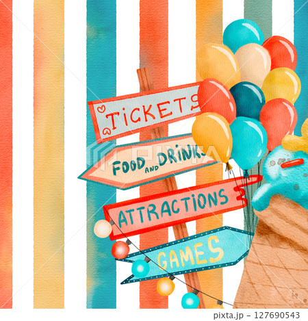 Bright Balloons and a Fun Ice Cream Watercolor Composition 127690543