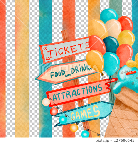 Bright Balloons and a Fun Ice Cream Watercolor Composition 127690543