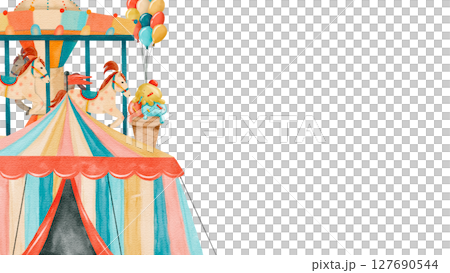 Watercolor Vintage Carousel, Colorful Balloons and Delightful Ice Cream 127690544