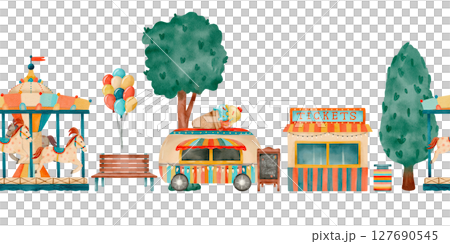 Watercolor carousel and an enchanting amusement park scene 127690545