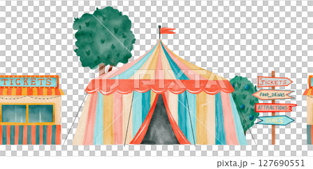Circus Tent featuring a Food Stall and various Directional Signs for guidance 127690551