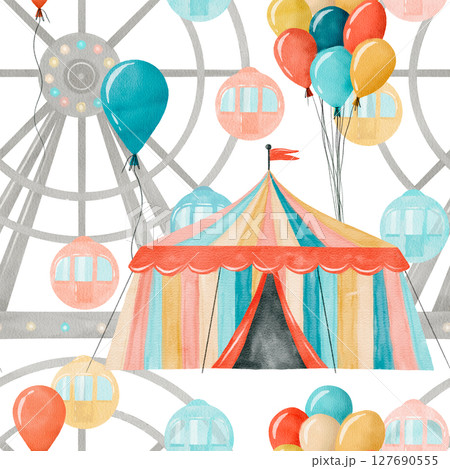 Watercolor Carnival Tent Featuring a Ferris Wheel Surrounded by Balloons and Excitement 127690555
