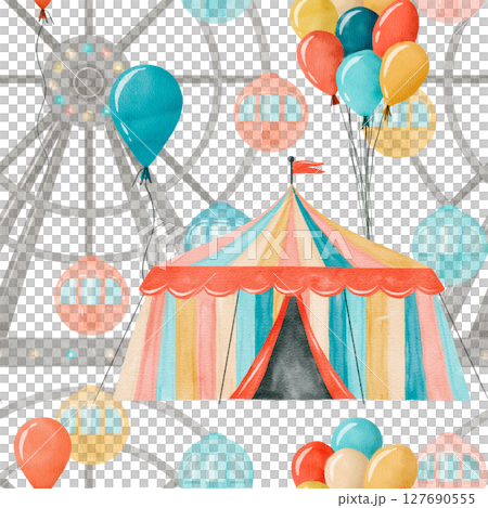 Watercolor Carnival Tent Featuring a Ferris Wheel Surrounded by Balloons and Excitement 127690555