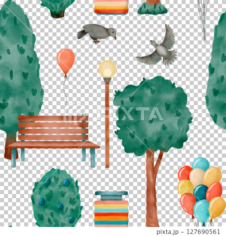 Watercolor pattern of park elements, featuring trees and colorful balloons 127690561