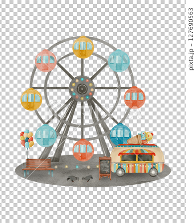 Watercolor Ferris wheel and colorful food truck 127690563