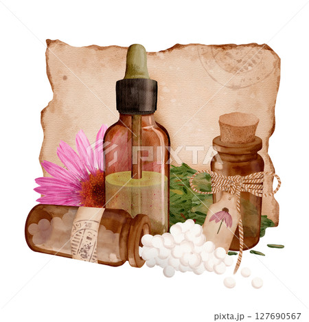 An illustration of natural remedies featuring herbal bottles that embody holistic health 127690567