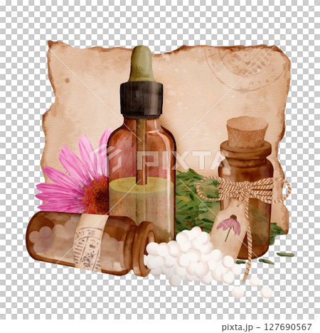 An illustration of natural remedies featuring herbal bottles that embody holistic health 127690567