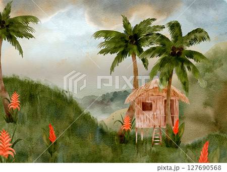A Serene and Picturesque Tropical Landscape Featuring a Rustic Cabin Surrounded by Lush Flora 127690568