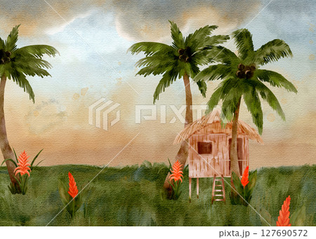 Enchanting Tropical Paradise Featuring Vibrant Flora and a Serene, Cozy Cabin Retreat 127690572