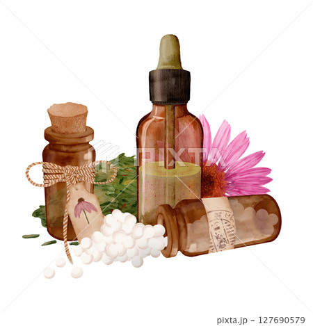 Natural Herbal Remedies Bottles that Feature Beautiful Flowers and Various Ingredients 127690579