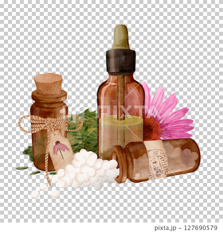 Natural Herbal Remedies Bottles that Feature Beautiful Flowers and Various Ingredients 127690579